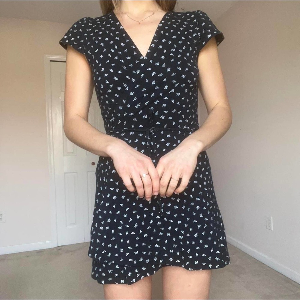 Navy blue and white floral robbie wrap dress